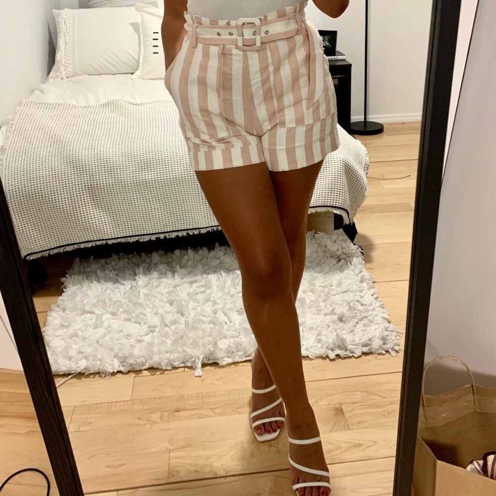 Pink and White Striped Shorts with Belt